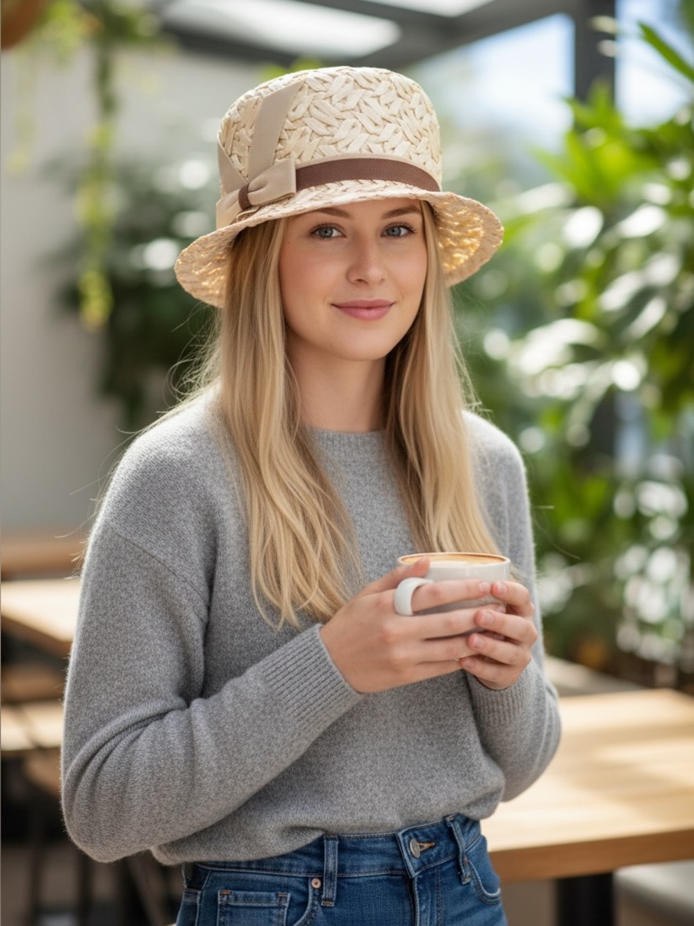 American Vintage Beige Woven Straw Hat with Brown Band